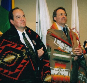 Pat being honoured by First Nations, alongside Yvan Loubier, M.P.